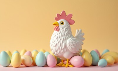 White Hen Figurine with Pastel Easter Eggs