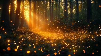 Enchanting Sunlight Filtering Through Trees Creating a Magical Atmosphere with Shimmering Golden Glow in a Forest