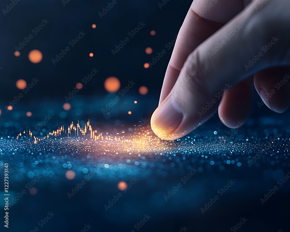 Poster an image of a hand interacting with a holographic display, showcasing futuristic technology and digi