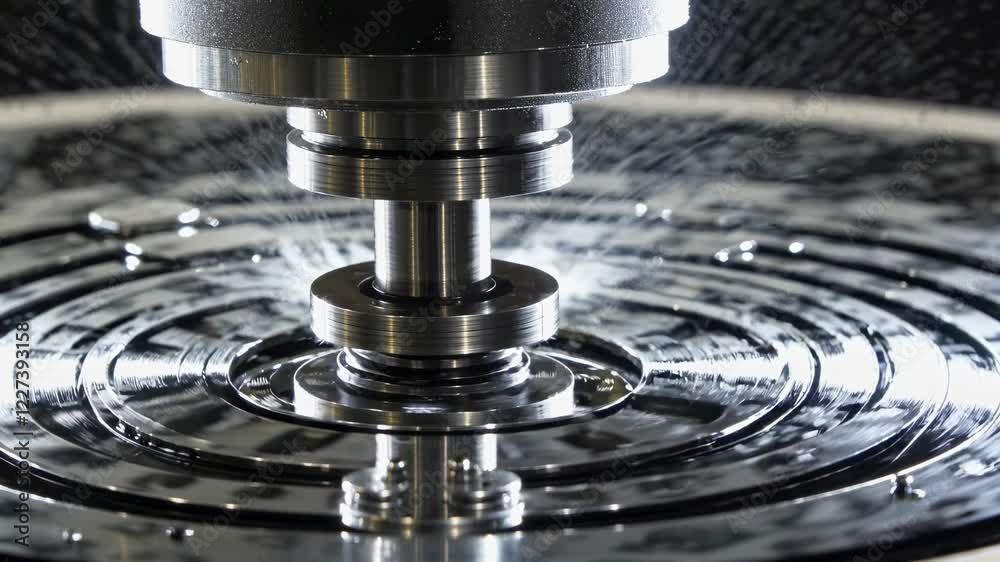 Poster Precision machining process creates intricate metal components in a workshop setting