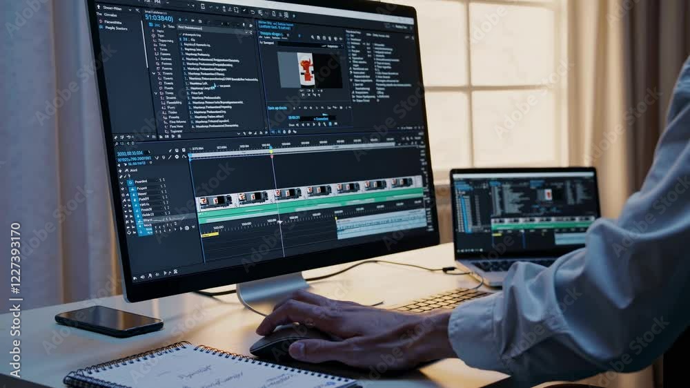 Poster editing process in a modern workspace with multiple screens and tools for content creation