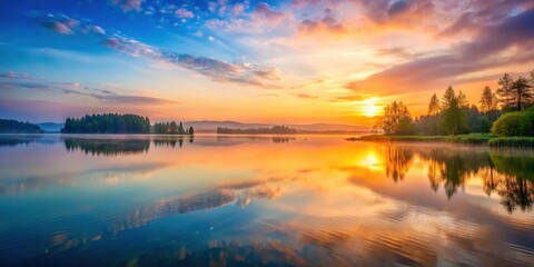 Obraz premium Softly glowing sunrise over a serene lake,gentle colors, gentle colors