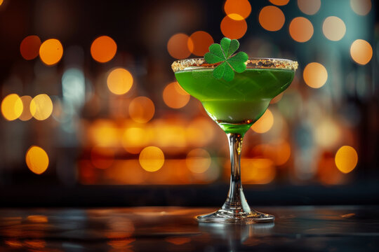 A green drink is sitting in a glass on a table. The drink has a leaf on top, giving it a festive and celebratory appearance. The glass is filled with a clear liquid. Patrick's Day beverage