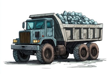 Dump Truck filled with stones isolated on white background. Dump Truck with stones. Heavy Machinery. Construction Vehicle loaded with stones. Dump Truck Design Element. Stone-filled Dump Truck.