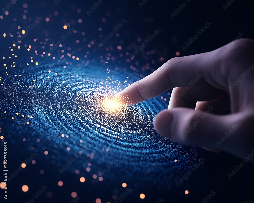 Poster a person interacting with a holographic display, showcasing advanced digital technology and user exp