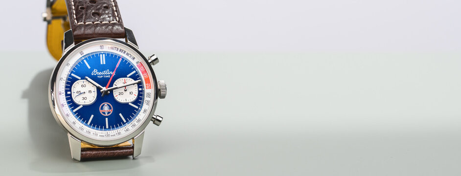 Swiss made Breitling luxury wrist watch on white, copy space