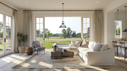Fototapeta premium Bright and airy living room with modern furniture overlooking a serene outdoor landscape