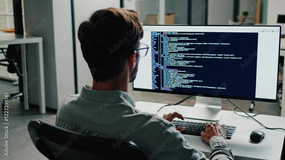 Poster coding session in a modern office with a programmer working on a desktop computer