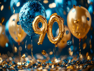 90th Birthday Celebration Concept with Balloons, Cake, and Number 90