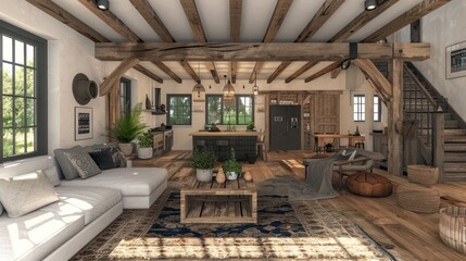 Naklejka premium Cozy rustic living room with wooden beams, modern kitchen, and greenery in the background