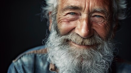 A close up portrait of an elderly man with a white beard and blue eyes.