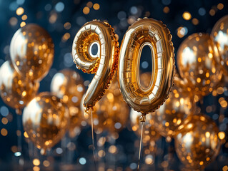 90th Birthday Celebration Concept with Balloons, Cake, and Number 90