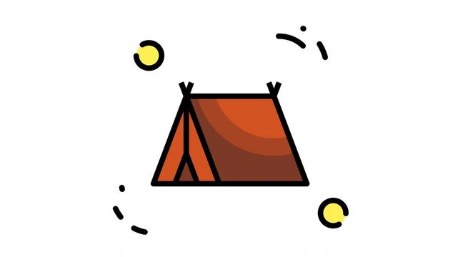 Animated brown tent with yellow circles and small dashes, ideal for camping gear packaging or outdoor adventurethemed designs.