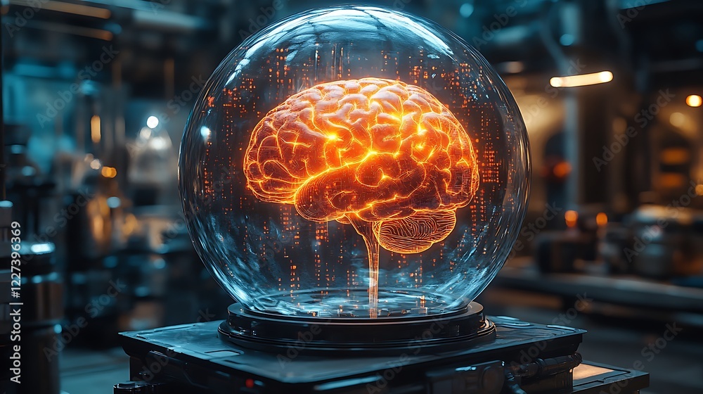 Poster An imaginative AI brain simulation encased in glass, showcasing futuristic technology and creativity.