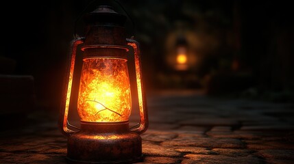 Glowing lantern on cobblestones, another in distant dark garden