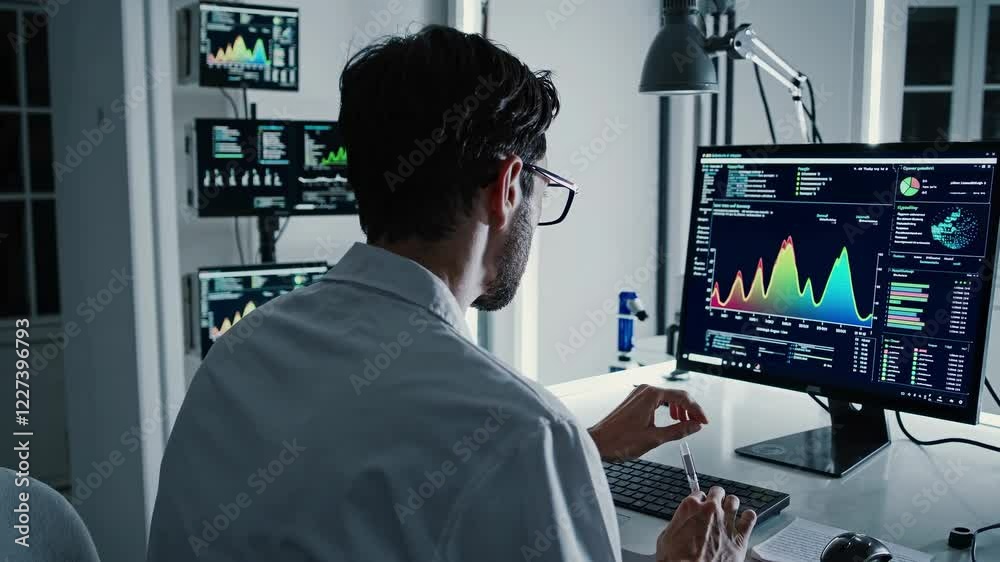 Poster data analysis conducted in a modern lab environment with multiple screens displaying graphs