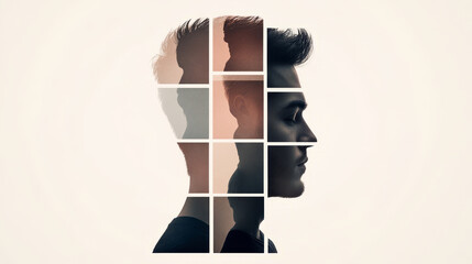 This features creative double exposure effect showcasing profiles of individuals grid format, blending different shades and tones. artistic representation evokes sense of introspection and