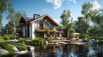 Obraz premium Modern house surrounded by lush greenery and a serene pond, showcasing outdoor relaxation