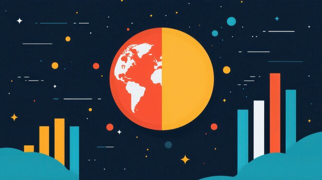 A vibrant illustration of a half-earth globe with colorful bars, representing data and global trends against a dark starry background.