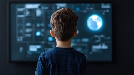 A young boy gazes intently at a screen displaying a digital globe, surrounded by futuristic data interfaces and visuals.