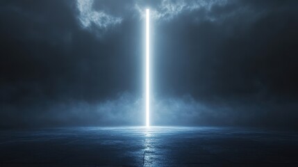 Bright light beam pierces dark clouds, reflecting on a wet surface. Ideal for hope, faith, or spiritual concepts, evokes mystery and wonder.