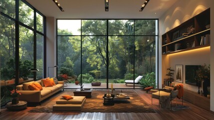 Fototapeta premium Modern living room with large windows showcasing a lush garden view and cozy furniture arrangement