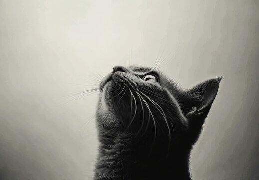 A black cat is staring up at the camera with its eyes wide open