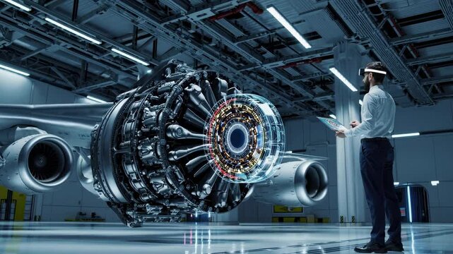Engineer conducts analysis on advanced aircraft engine inside high-tech facility