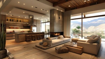 Modern living room with a cozy fireplace, mountain view, and stylish wooden decor