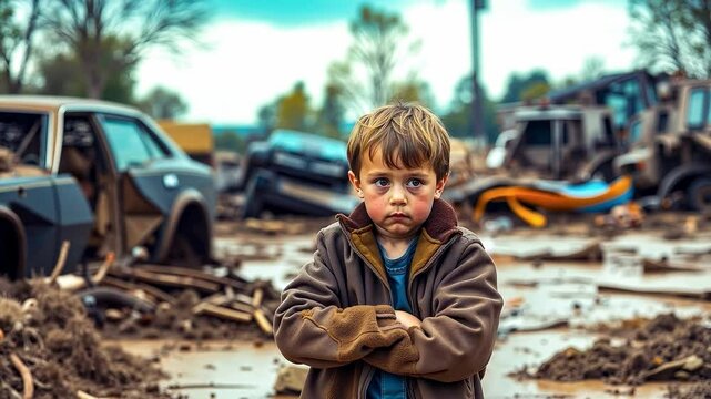 A young boy standing in front of a pile of junk
