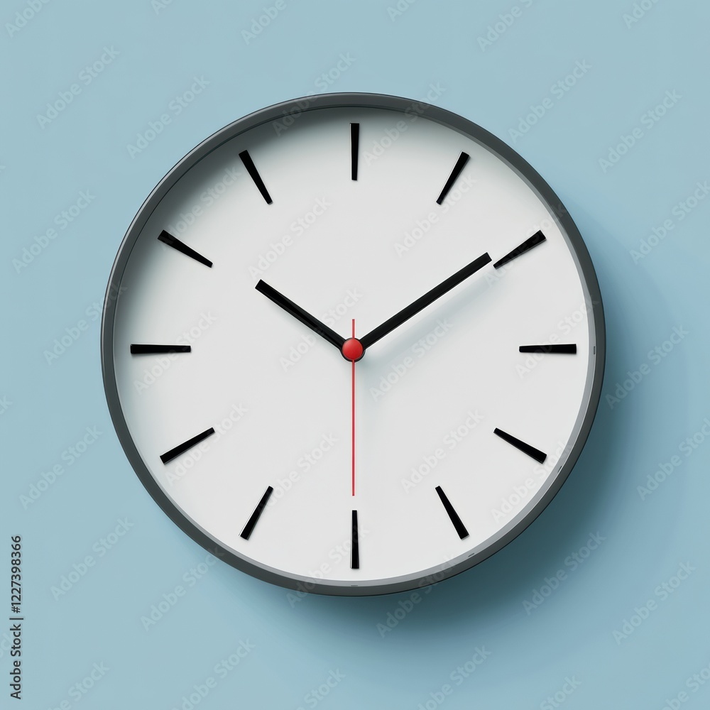 Leinwandbilder simple wall clock displaying time with black and red hands against a light blue background in contem