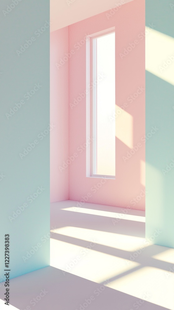 Poster sunlight fills a tranquil room adorned with pastel pink and blue walls. the soft illumination create