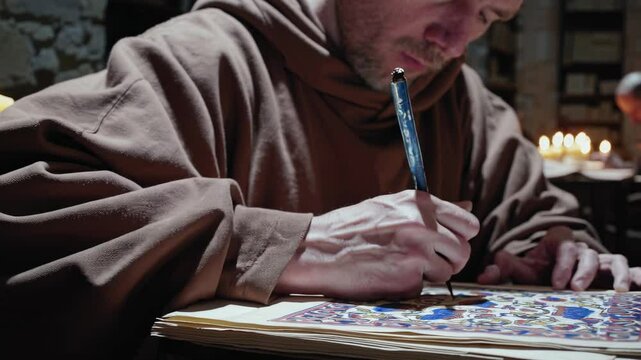 Monks engaged in manuscript writing under candlelight within an ancient library
