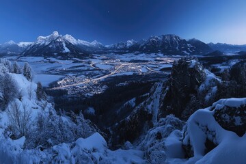 Snowy Mountain View with Town