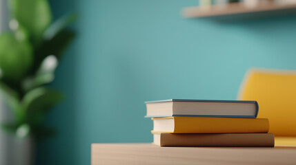 Cozy interior with stacked books on wooden table and green plant