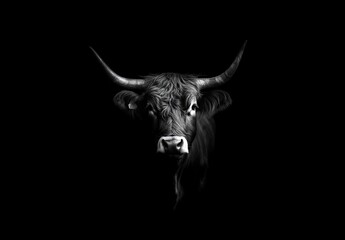 A black and white photo of a bull's head