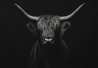 A black bull with horns is the main focus of the image