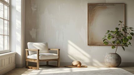 Cozy interior with a wooden chair, minimalist decor, and a potted plant in soft sunlight