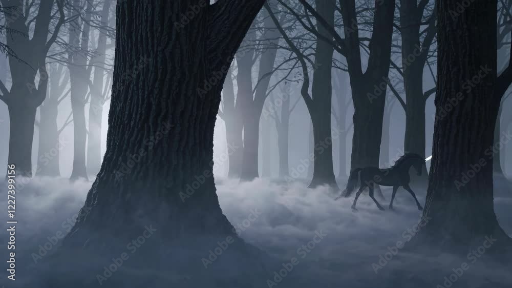 Aufkleber Mystical unicorn wanders through a foggy enchanted forest at twilight with towering trees and a serene atmosphere