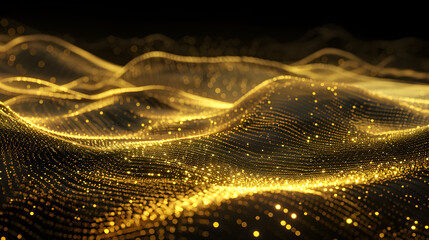 Abstract golden wave pattern with shimmering particles on a dark background.