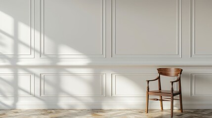 Minimalist interior featuring a wooden chair against a textured white wall with shadows