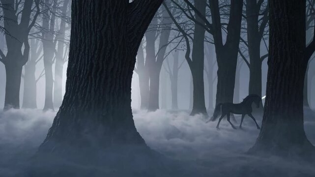 Mystical unicorn wanders through a foggy enchanted forest at twilight with towering trees and a serene atmosphere