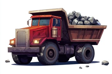 Dump Truck filled with stones isolated on white background. Dump Truck with stones. Heavy Machinery. Construction Vehicle loaded with stones. Dump Truck Design Element. Stone-filled Dump Truck.