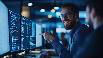 Cheerful Programmers Collaborating in Modern Office Environment