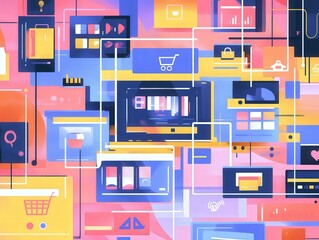 A vibrant, abstract illustration of online shopping, with digital screens showing product images, shopping carts, and various icons.
