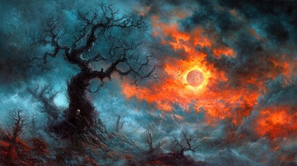Fototapeta premium Eerie landscape fiery sunset, barren trees, ominous moon. Use Fantasy art, book cover