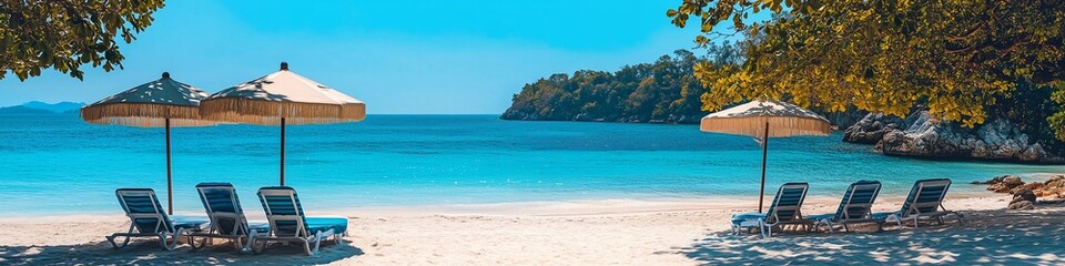 Naklejka premium Panoramic view of Samed Island’s white sandy beach, turquoise waters, sunbeds, and umbrellas in a serene minimalistic setting