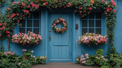 Fototapeta premium Charming Blue House Adorned with Blooming Flowers