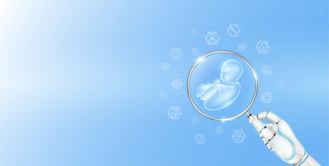 Doctor robot hand holding magnifying glass fetus analysis. Human organ surrounded by medical icon. Healthcare technology concept. Medical science banner with empty space for text. Vector EPS10.