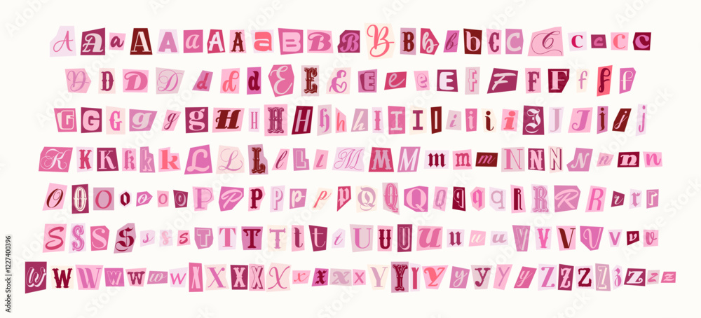 Fototapete set of pink anonymous font. magazine cutout alphabet. cuts from newspaper. letters on pieces of pape